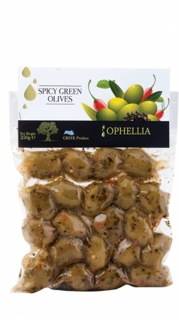 Зеленые оливки острые со специям (острые) в вакууме «Ophellia» 250 г