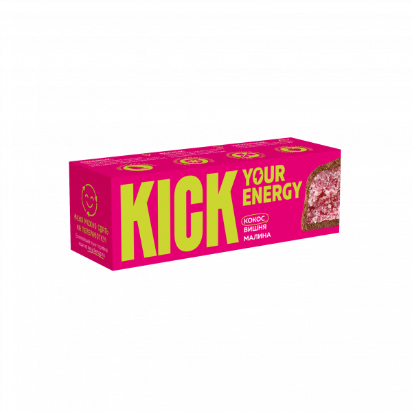 Батончик «KICK» кокосовый с вишней и малиной в карамельном шоколаде «KICK YOUR ENERGY» 45 г