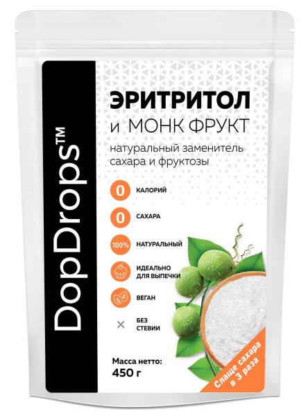 Монк Фрукт и Эритритол (слаще сахара в 3раза) натуральный подсластитель и заменитель сахара «DopDrops» 450 г